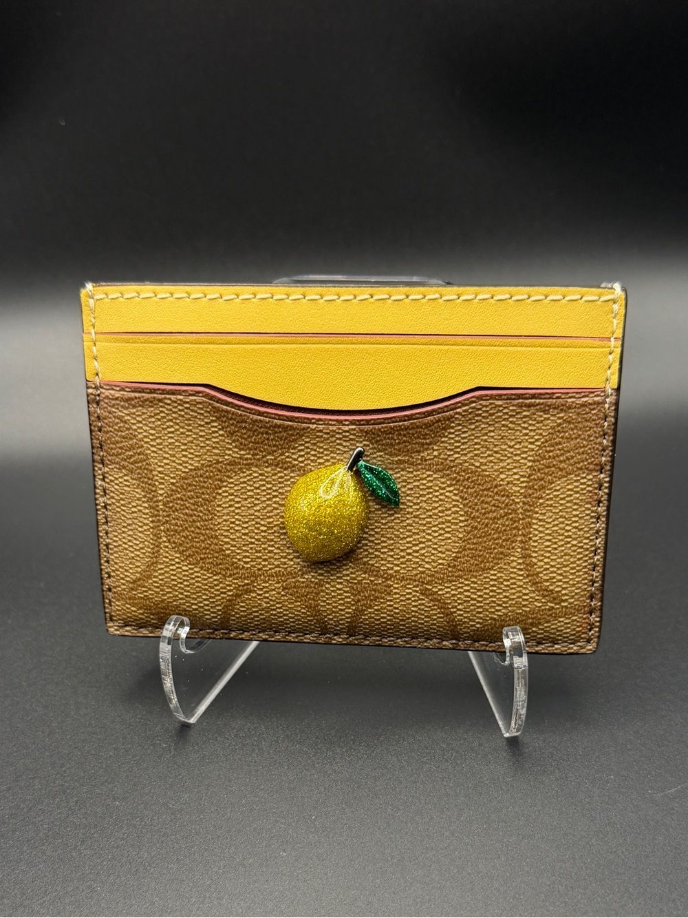 Coach Brown Signature Card Case with Yellow Top Slot & Lemon Charm